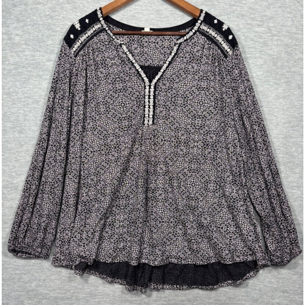 Lucky‎ Brand Womens Top 3X Black White Boho Embroidered